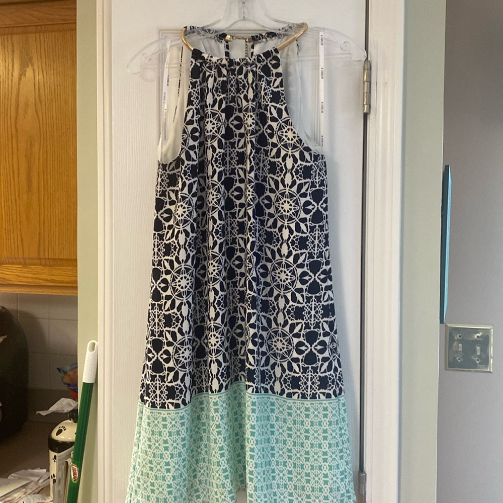 B. Darlin, size 3/4, navy blue mint green print, w/ gold choker neckline Dress.